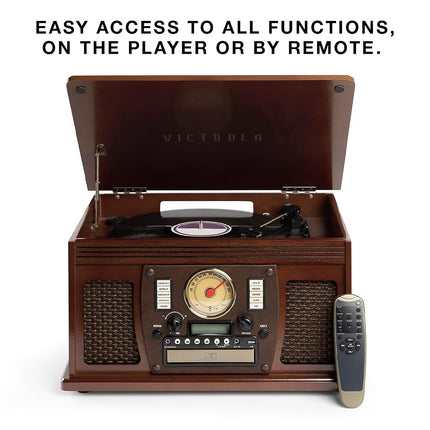 Victrola Nostalgic Aviator Wood 8-in-1 Bluetooth Turntable Entertainment Center, Espresso