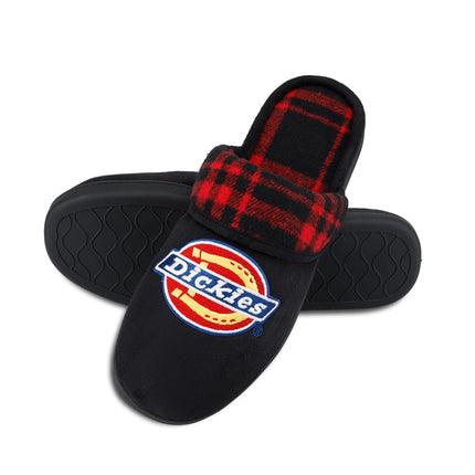 Dickies Men's Open Back Slide-On Plaid Fold-Over Scuff Slippers with Embroidered Logo Slippers, black, XX-Large