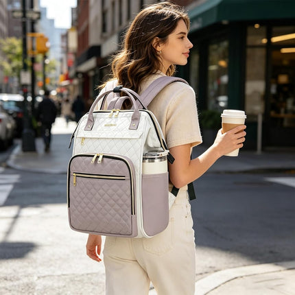 EMPSIGN 17 Inch Large Quilted Laptop Backpack for Women, Beige-Dusty Pink