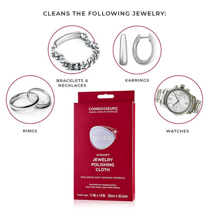 CONNOISSEURS Ultrasoft Gold or Silver Jewelry Polishing Cloth, Clean and Polish Jewelry While Removing Tarnish for a High Shine