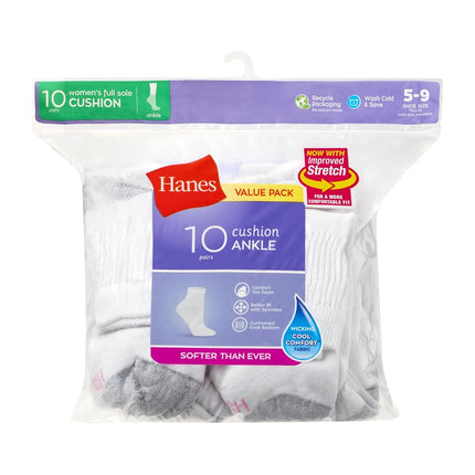 Hanes Women's 10-Pair Value Pack Ankle Socks, White, Large