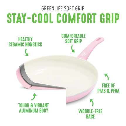 GreenLife Asador de cerámica antiadherente saludable de 16.5" x 12" con rejilla de asador de acero inoxidable, sin PFAS, sin PFOA, apto para lavavajillas, apto para horno, bordes de fácil vertido, rosa suave