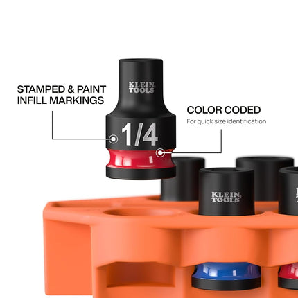 Klein Tools 33809 Grab-And-Go Impact Socket Set, SAE, 10-Piece Set with Sleeve, Carabiner, and 3/8-Inch Drive, Color-Coded 1/4, 5/16, 3/8, 7/16, 1/2, 9/16, 5/8, 11/16, and 3/4-Inch Sockets
