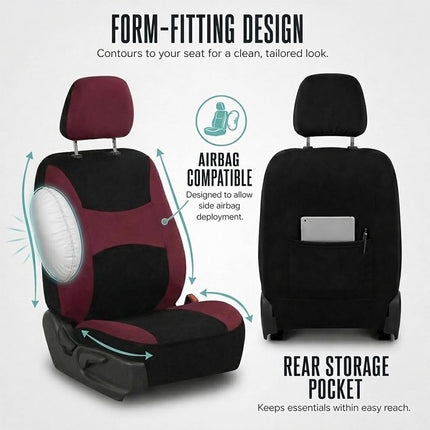 FH Group FB030BURGUNDY-COMBO Seat Cover Combo Set with Steering Wheel Cover and Seat Belt Pad (Airbag Compatible and Split Bench Burgundy)