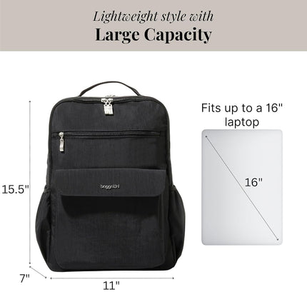Baggallini Mochila de diario para mujer - Mochila de viaje ligera de nailon resistente al agua de 11 x 15.5 pulgadas con funda acolchada para portátil y RFID, color negro, talla única, mochila de diario para portátil - 11 x 15.5 pulgadas, ligera