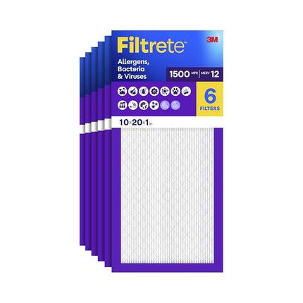 Filtre à air Filtrete 10x20x1, MPR 1500, MERV 12, plissé de 2,54 cm pour un air sain et anti-allergènes, durée 3 mois, 6 filtres