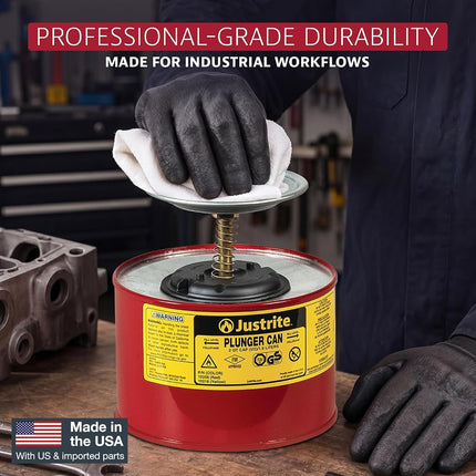 Justrite 10208 Steel Plunger Safety Can with Brass and Ryton Pump Assembly, 2 L Capacity, 7-1/4" OD x 7-3/8" H, Red
