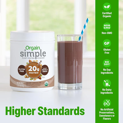 Orgain Simple Organic Plant Protein Powder, Vanilla, Vegan, Made with Fewer Ingredients and without Dairy, Gluten and Stevia, Kosher, Non-GMO, 1.25 lb