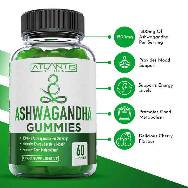 Ashwagandha Gummies - 1500MG Ashwagandha Per Serving - Promotes Calmness, Improves Mood, Boosts Energy Levels & Strengthens Immune System - Formulated with Vitamin D & Zinc - Vegan - 60 Gummies