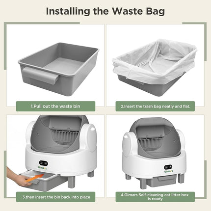 Gimars Open Top Design Self Cleaning Litter Box, Automatic Cat Litter Box for Multiple Cats & Senior Cats, App Control with Safety Sensors, Low Odor, Includes Trash Bags & Litter Mat, White with Gray