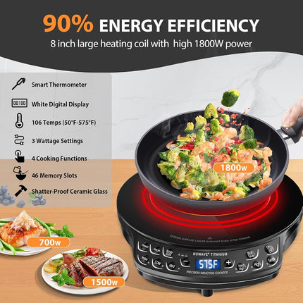Table de cuisson à induction Nuwave, plaque chauffante améliorée avec sonde numérique, 106 températures de 38°C à 302°C, 3 réglages de puissance, brûleurs à induction portables pour la cuisson