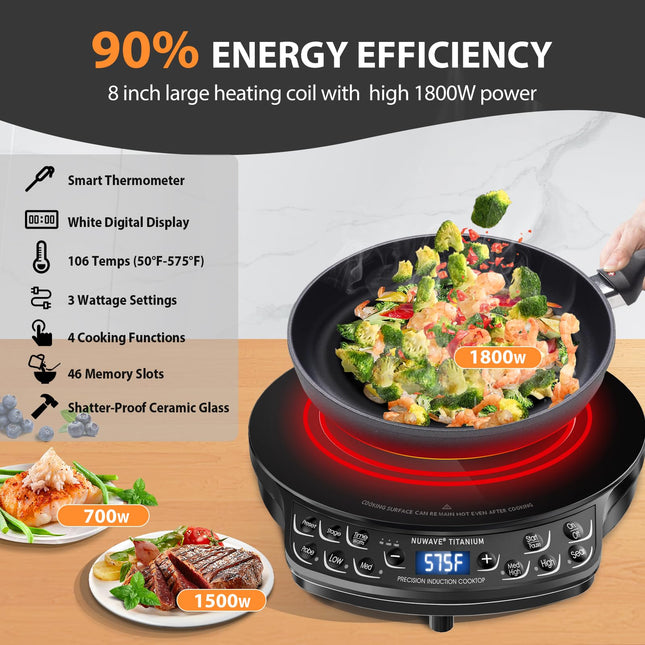 Nuwave Induction Cooktop, Improved Hot Plate with Digital Probe, 106 Temps 100�F-575�F, 3 Watt Settings, Portable Induction Burners for Cooking