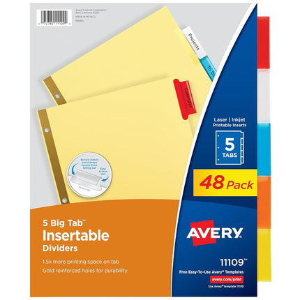 Avery Big Tab Insertable Dividers, Buff Paper, 5 Multicolor Tabs, Case Pack of 48 Sets (11109)