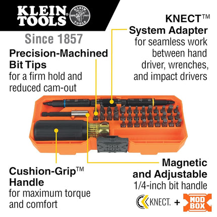 Klein Tools 32501HD KNECT 46-Piece Impact-Rated Multi-Bit Screwdriver and Nut Driver Set With MODbox Case, 39 Bits, 4 Nut Drivers, Holder, Handle