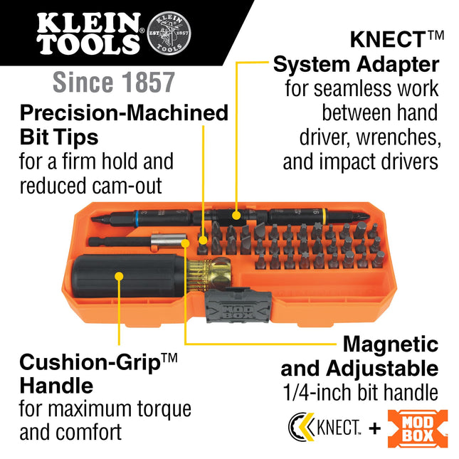 Klein Tools 32501HD KNECT 46-Piece Impact-Rated Multi-Bit Screwdriver and Nut Driver Set With MODbox Case, 39 Bits, 4 Nut Drivers, Holder, Handle