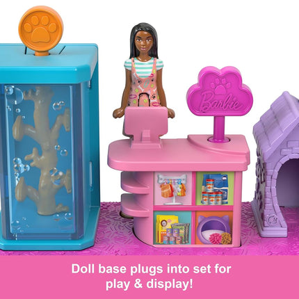 Barbie Mini BarbieLand Collectible Pet Boutique Playset with 1.5-Inch Doll, Pet Product Display, Check Out Stand, Pet House & Cat Baskets for Storytelling Play, JCR30
