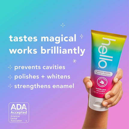 hello Unicorn Sparkle Kids Fluoride Toothpaste, Natural Bubble Gum Flavor, ADA Approved, Ages 2+, No Artificial Sweeteners, No SLS, Gluten Free, Vegan, Pack of 3, 4.2 oz Tubes