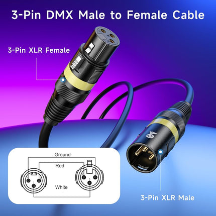 Cable Matters 2-Pack 22AWG Stage Light DMX Cable 25ft / 7.6m with 3-Pin XLR Connector, 3 Pin XLR Male to Female DMX Lighting Cable