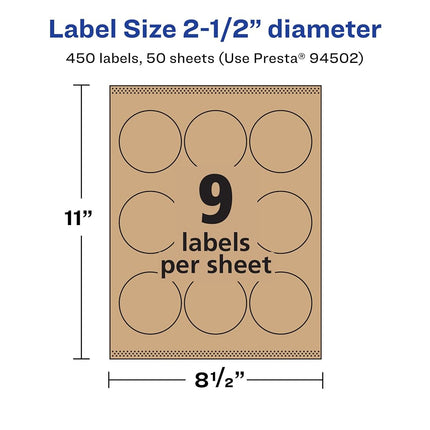 Étiquettes rondes Avery Kraft brun avec Sure Feed, 6,35 cm de diamètre, 450 étiquettes Kraft brun, impression bord à bord, étiquettes imprimables laser/jet d'encre