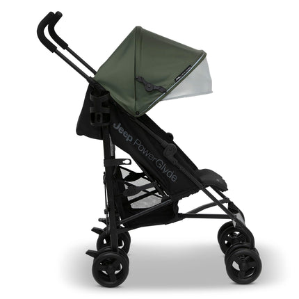 Jeep PowerGlyde Stroller by Delta Children - Lightweight Travel Stroller with Softer Drive and Compact Fold, 3-Position Recliner, Extra Large Storage Basket, Olive Green