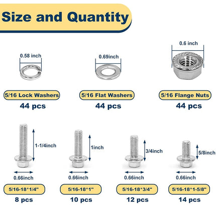 Vifmy 3/8-16 x 3/4", 1", 1-1/4", 1-1/2" Flange Hex Head Bolts Assortment Kit (112 Pack) with Serrated Flange Nuts, Washers & Lock Spring Washers, Hex Head Screw, Stainless Steel Full Thread