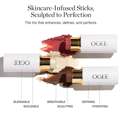 Trio Collection Ogee Face Crystal - Collection de Maquillage Contour - Palette Certifiée Bio - Inclut des Sticks de Bronzeur, Fard à Joues et Illuminateur