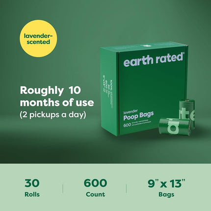 Earth Rated Dog Poo Bags Value Pack, Leak-Proof and Extra-Thick Pet Waste Bags for Big and Small Dogs, Refill Rolls, Lavender Scented, 600 Count