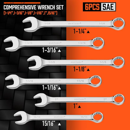 HORUSDY Large Spanner Set with Rolling Pouch | Big Size SAE Spanner Set| 6-Piece | 15/16″, 1″, 1-1/16″, 1-1/8″, 1-3/16″, 1-1/4″ | 12 Point | Chrome Vanadium Steel (British system)