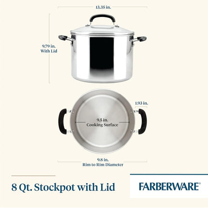 Olla de acero inoxidable Farberware Brilliance con tapa de vidrio, apta para lavavajillas y cocinas de inducción, 8 cuartos