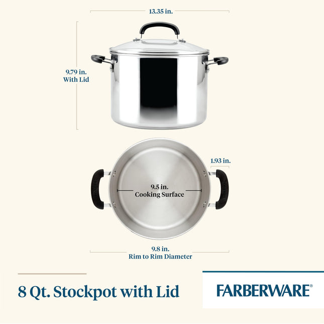 Farberware Brilliance Stainless Steel Stockpot with Glass Lid, Dishwasher Safe and Induction Ready, 8 Quart