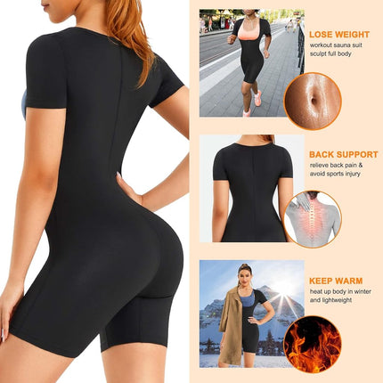URSEXYLY Sauna Suit for Women Sweat Vest Waist Trainer 3 in 1 Slimming Full Body Shaper Workout Top with Sleeve Shorts, Black-blue Inner, XX-Large