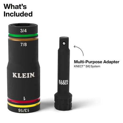 Klein Tools 6513QS KNECT Impact-Rated Quad Socket Set, 4-in-1 Flip Socket Driver, Color-Coded, Heavy-Duty Multi Tool, 3/8-Inch Drive, SAE 3/4-Inch, 13/16-Inch, 7/8-Inch, 1-Inch, Multi-Purpose Adapter