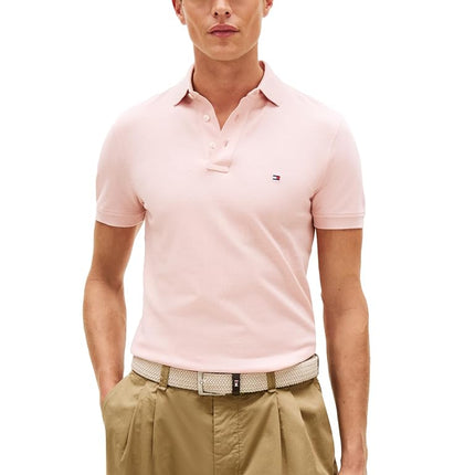 Tommy Hilfiger Men's Short Sleeve Polo Shirts in Slim Fit with Stretch and Organic Pique Cotton, Pale Pink Mottled, XL
