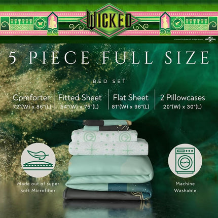 Franco Collectibles Wicked Elphaba and Glinda Bedding 5 Piece Super Soft Reversible Comforter and Sheet Set, Full, (Officially Licensed Product)