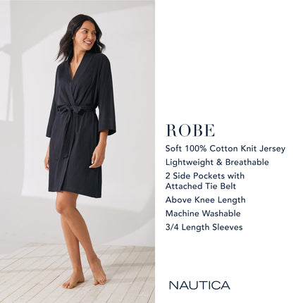 Nautica Womens Soft Robe - Above Knee 3/4 Length Sleeve Lightweight Robe - Cotton Knit Jersey Sleepwear and Loungewear, Heather Blue, Small