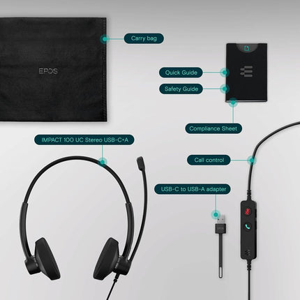 EPOS IMPACT 100 UC Stereo USB-C+A Headset with Microphone, Universal Communications, Noise-Cancelling Mic, Lightweight, Call Control, USB Adapter, Soft Earpads, Professional Business Use