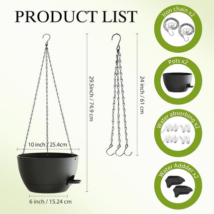 SQKH 10 Inch Hanging Baskets 2 PC with Chains, Self-Watering Hanging Planters for Indoor Outdoor Plants, Plastic Hanging Flower Pots,Black