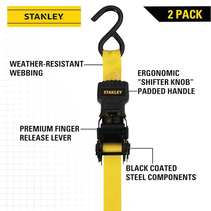 Stanley S10002 Black/Yellow 1" x 10' Ratchet Tie Down Straps - Light Cargo Hauling (1,500 lbs Break Strength), 2 Pack