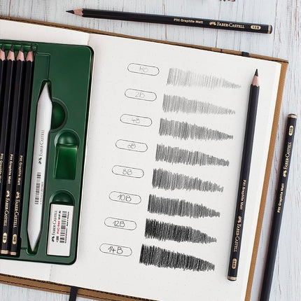 Faber-Castell Pitt Graphite Matt Pencils Set, Includes 3 Pencil HB, 2B, 4B, Rubber Eraser, Sharpener, Ideal for Artists, Blending, Shading, Drawing, Sketching, Charcoal