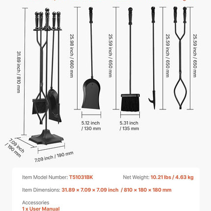 VEVOR Fireplace Tool Set, 5 PCS Fire Tool Set and Holder with Five-Prong Stand, Tongs, Ash Shovel, Brush, Fire Place Poker, Wrought Iron Fireplace Accessories for Campfire Indoor/Outdoor, Black