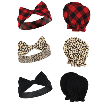Hudson Baby Unisex Baby Cotton Headband and Scratch Mitten Set, Buffalo Plaid Leopard, 0-6 Months, Buffalo Plaid Leopard, 0-6 Months
