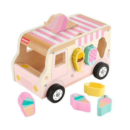 Fisher-Price Wood Toddler Toy Ice Cream Truck Shape Sorter Set, 9 Wooden Pieces for Developmental Play Kids Ages 18+ Months, HXT86