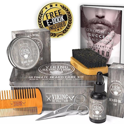 Viking Revolution - Beard Grooming Kit for Men - Ultimate Beard Kit with 100% Boar Beard Brush, Beard Comb, Citrus Beard Balm, Unscented Beard Oil & More - Valentines Gifts for Him - Gifts for Men