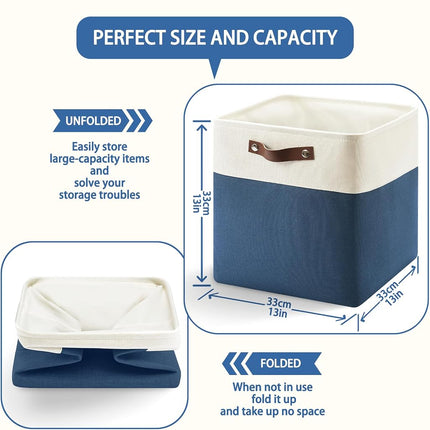 Patvingot Fabric Storage Cubes with PU Handles(White/Blue, 33cm-4Pack)