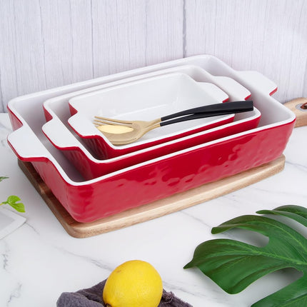 GarveeHome Baking Dishes Set of 3, Ceramic Bakeware Set with Handles, Porcelain Baking Pan Casserole Dishes for Oven and Microwave, Deep Lasagna Pan for Baking, Cooking, Wedding Gift - Red