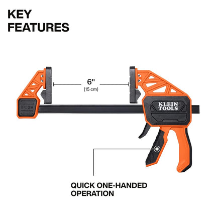 Klein Tools 47555 Speed-Klamp 6-Inch, 300-Pound Clamping Force, Clamp/Spreader, Pivoting Pads, One-Handed-Operation for Woodworking and Metal Projects