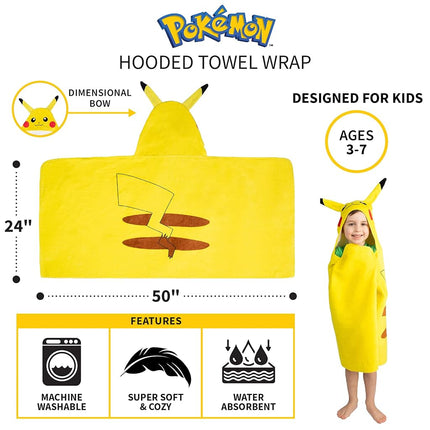 Franco Pokemon Pikachu Bath/Pool/Beach Soft Cotton Terry Hooded Towel Wrap, 24" x 50" Kids