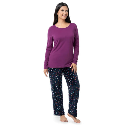 Fruit of the Loom Women's Sueded Jersey Crew Top and Fleece Pant Sleep Set Pajama, Berry Confetti/Multi, XL