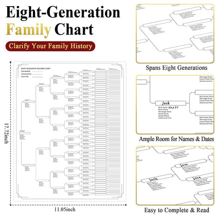 Family History Binder 3 Ring 50 Families Group Sheets 8th Generation Family Tree Chart 16 Sheets Genealogy Binder Navy Cover Genealogy Organizer Supplies with Pen Loop PVC Pocket for Families History