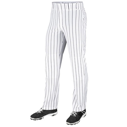 CHAMPRO Pantalón de béisbol Triple Crown OB de corte holgado para jóvenes, con rayas finas, parte inferior abierta, entrepierna ajustable y zonas deslizantes reforzadas, blanco y azul marino